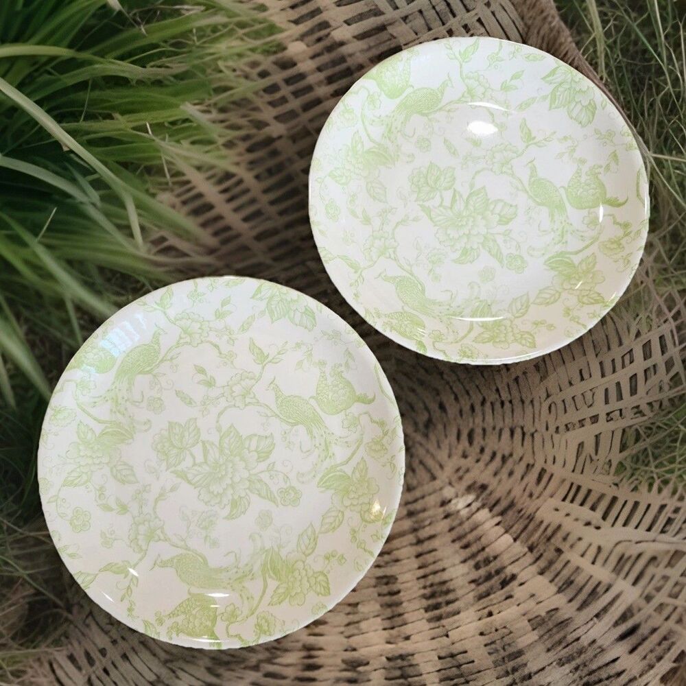 Vintage Biltons Green 9” Plates Set 2 England Peacock Bird Flowers MCM Very Rare